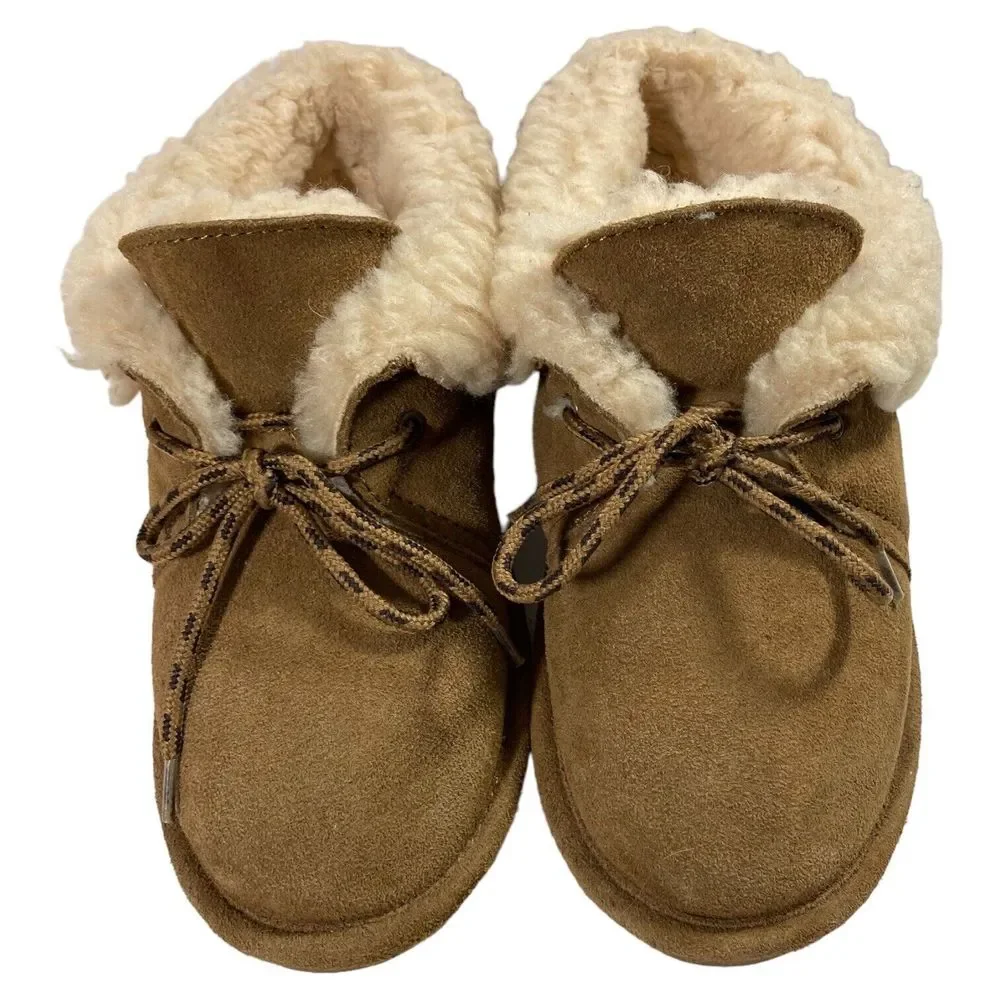 BEARPAW Kory Low Top Brown Suede Wool Blend Lining Moccasin Boots Youth 4